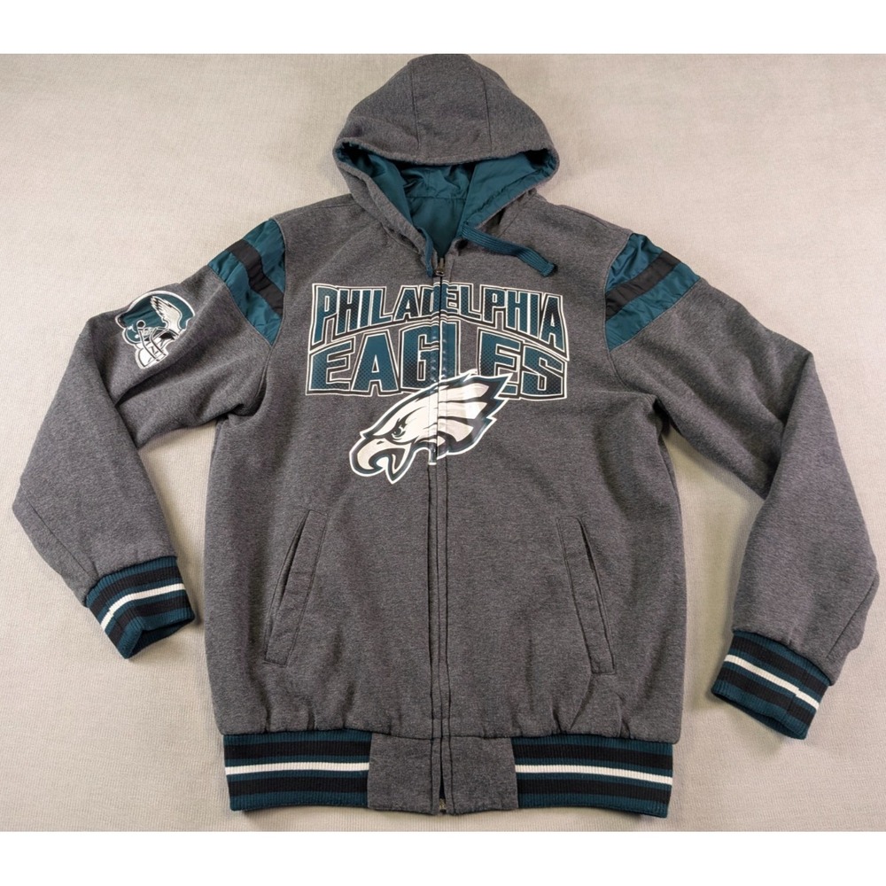 Philadelphia Eagles Jacket Mens Medium Hoodie Reversible Full Zip Satin NFL